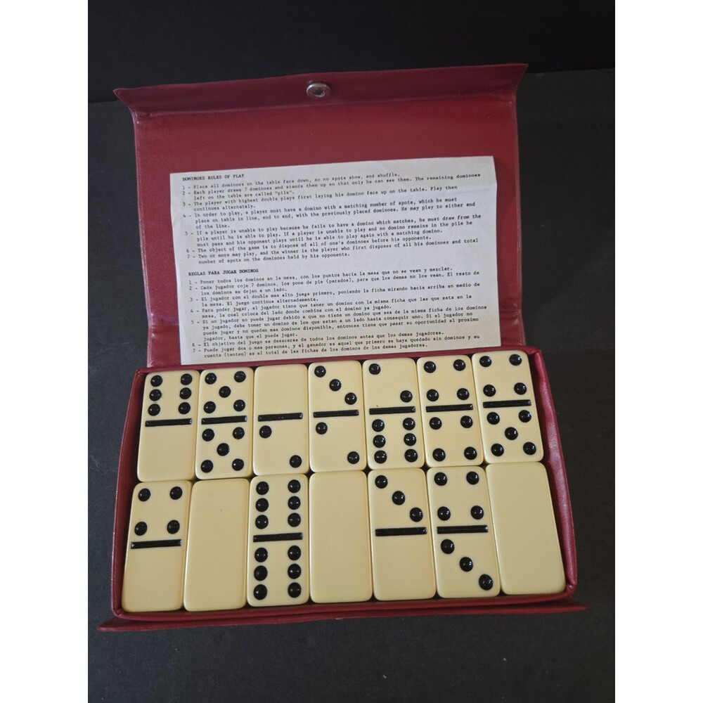 Vintage Game Dominoes Set By Pavilion 28 Piece Tile Set in Red Vinyl Case